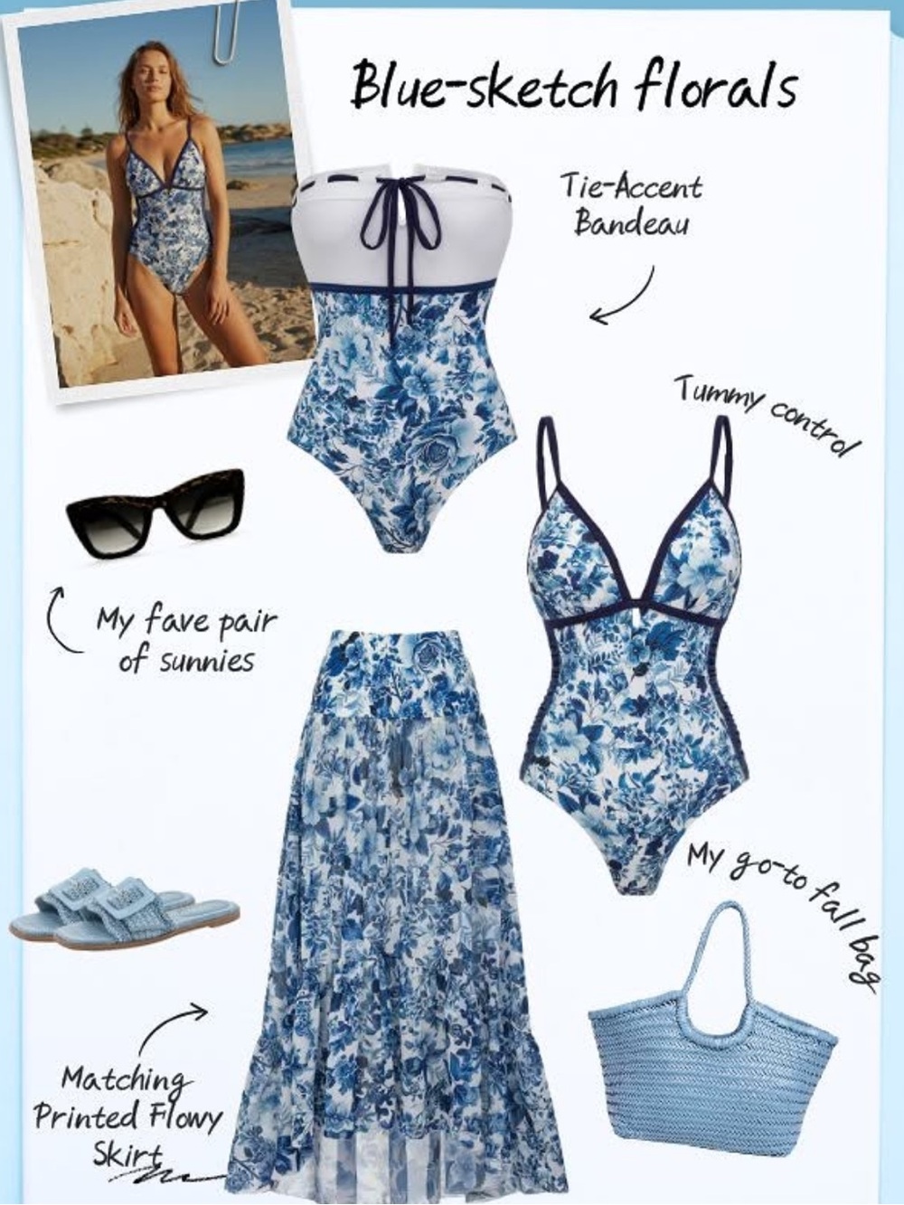 3 pieces Blue Sketch Florals Tie-Accent Bandeau One-Piece Swimsuit - Blue
